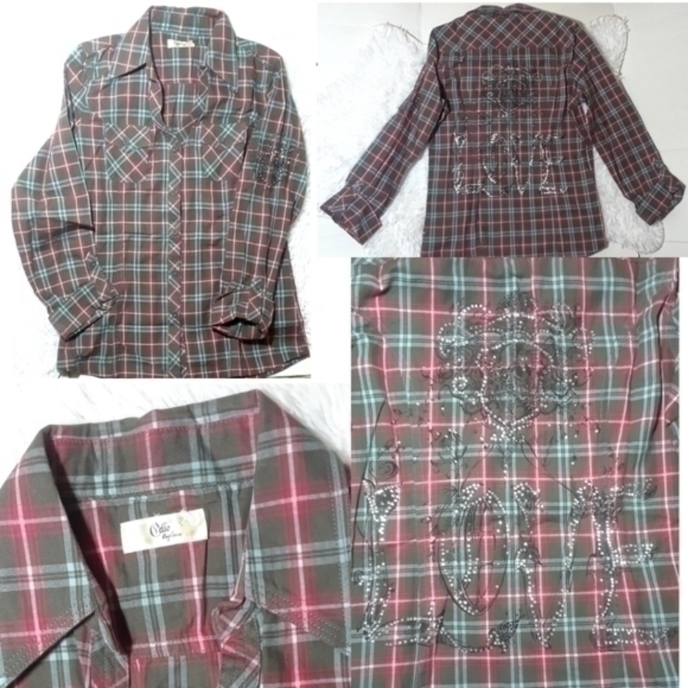 ☄Cello Rhinestone Studded Love Plaid Shirt